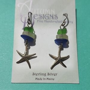 Handcrafted Sterling Silver Starfish Earrings w/ Green, Seafoam & Blue Sea Glass